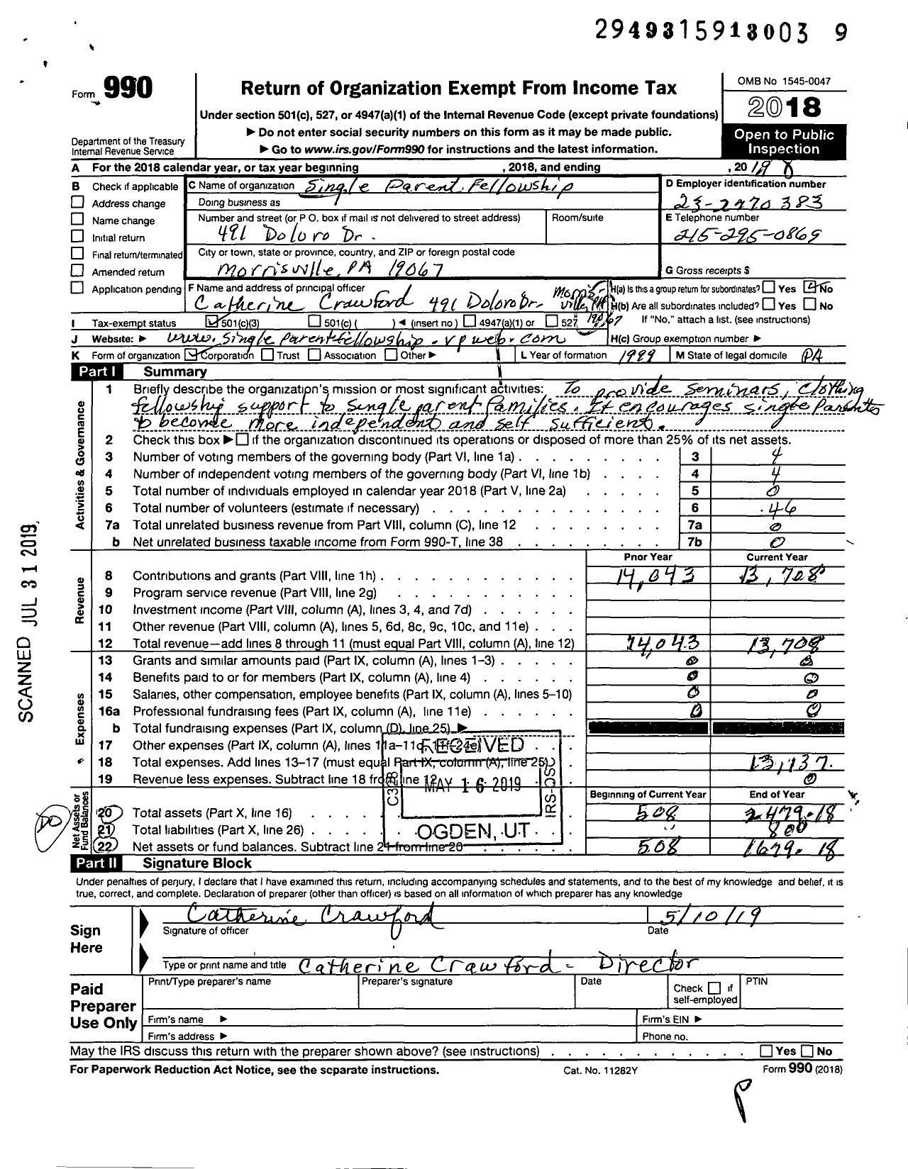 Image of first page of 2018 Form 990 for Single Parent Fellowship