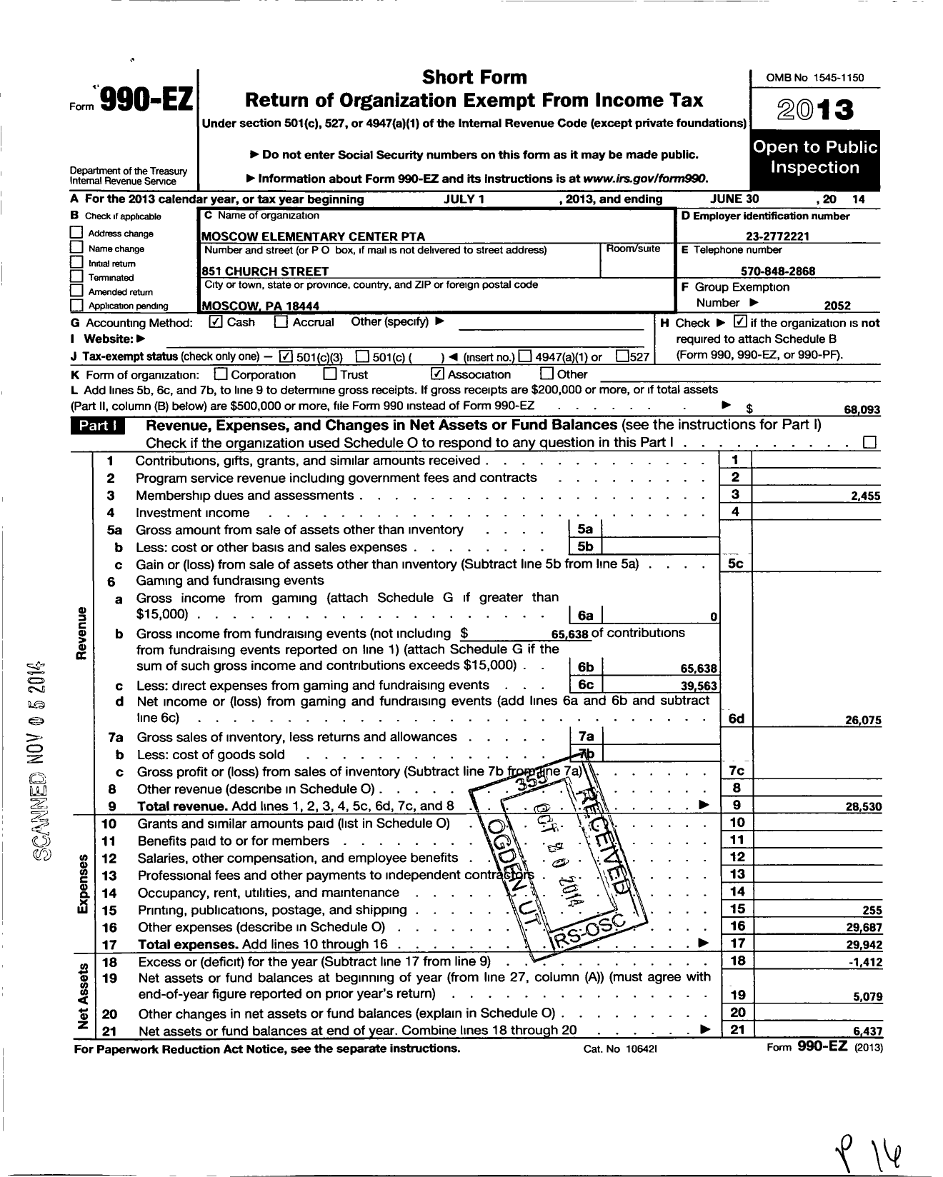 Image of first page of 2013 Form 990EZ for PTA Pennsylvania Congress / Moscow Elementary Ctr PTA Inc