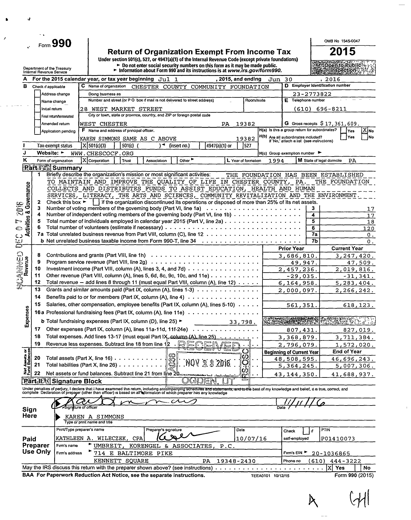 Image of first page of 2015 Form 990 for Chester County Community Foundation (CCCF)