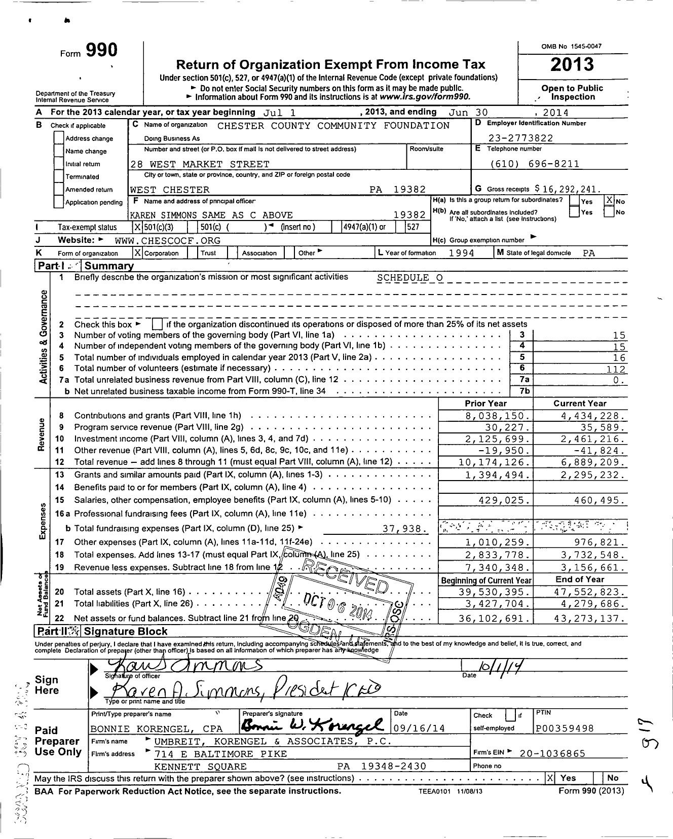 Image of first page of 2013 Form 990 for Chester County Community Foundation (CCCF)