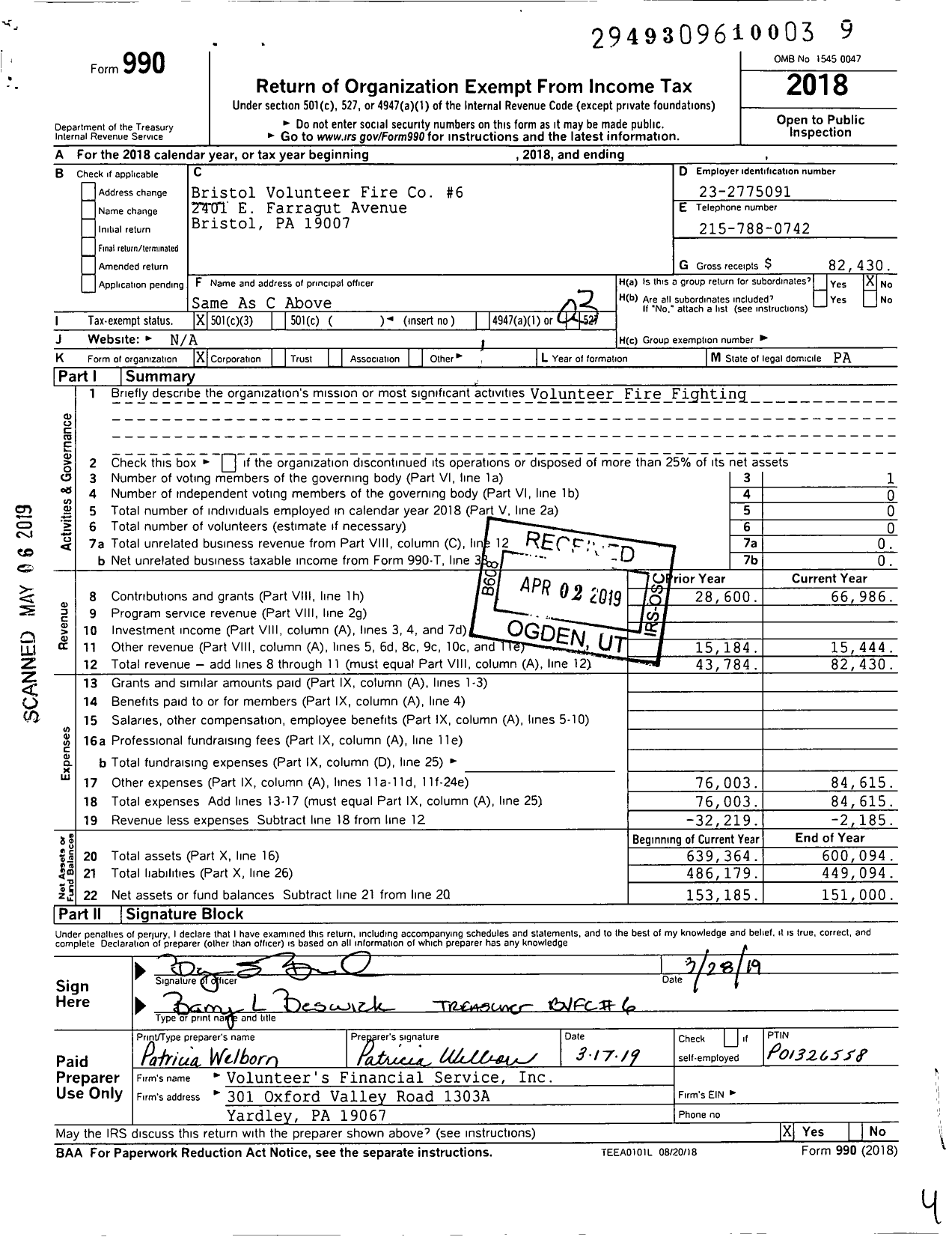 Image of first page of 2018 Form 990 for Bristol Volunteer Fire Co No 6