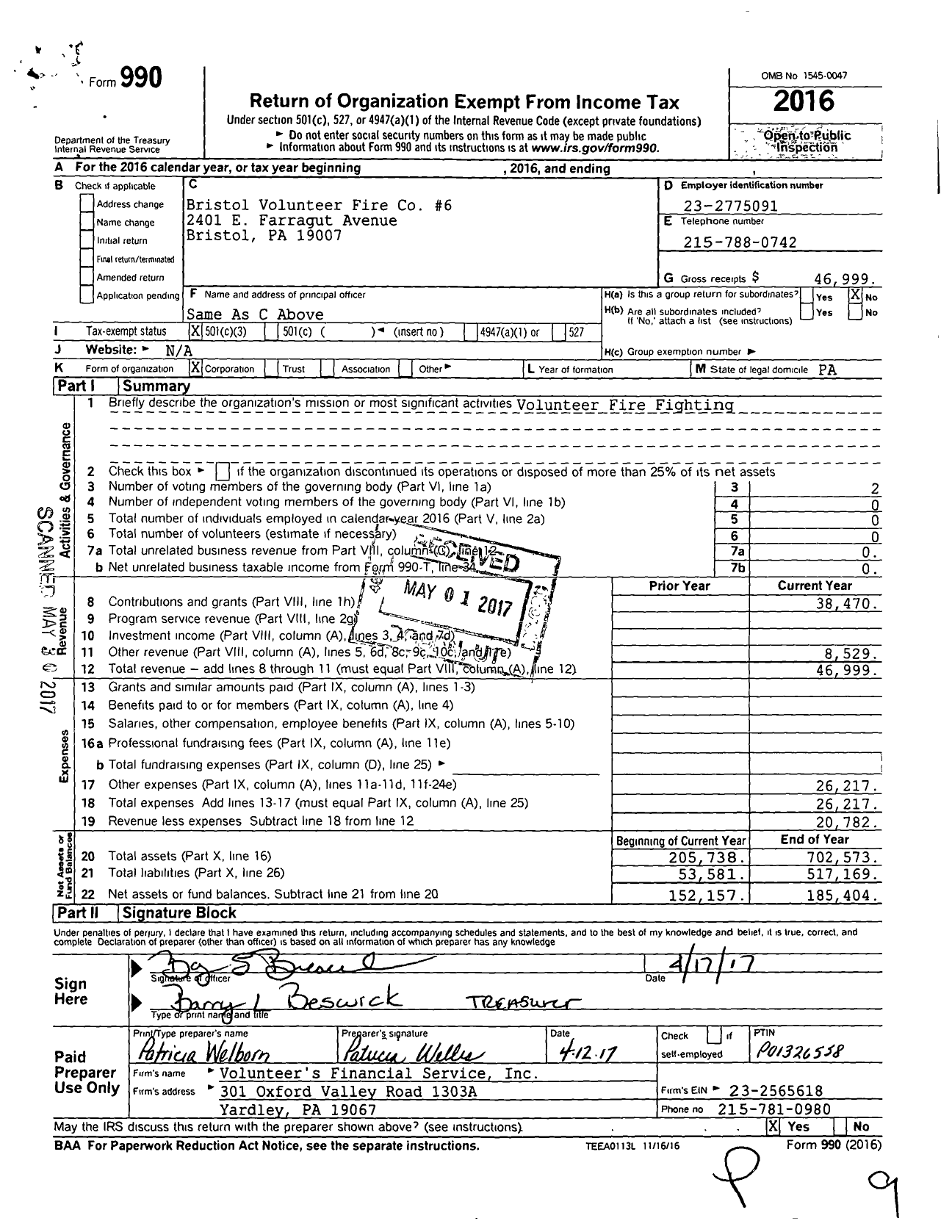 Image of first page of 2016 Form 990 for Bristol Volunteer Fire Co No 6