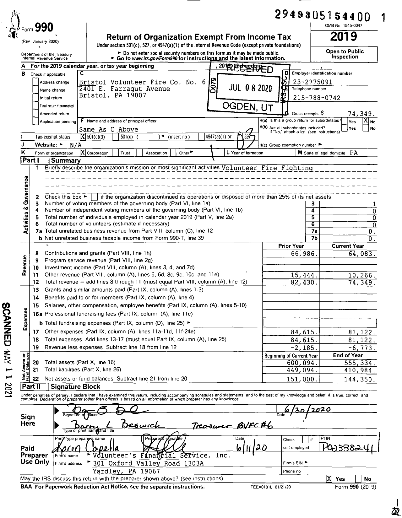 Image of first page of 2019 Form 990 for Bristol Volunteer Fire Co No 6