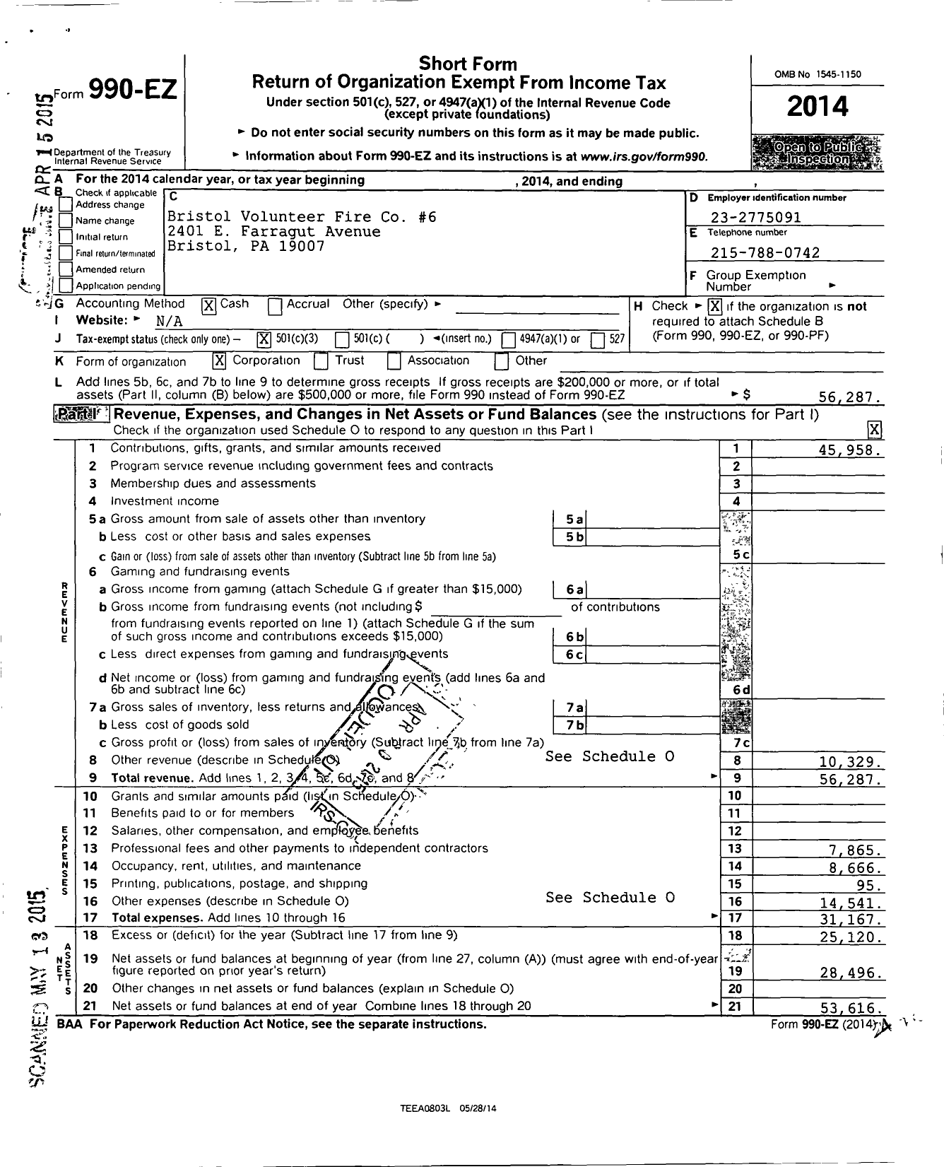 Image of first page of 2014 Form 990EZ for Bristol Volunteer Fire Co No 6