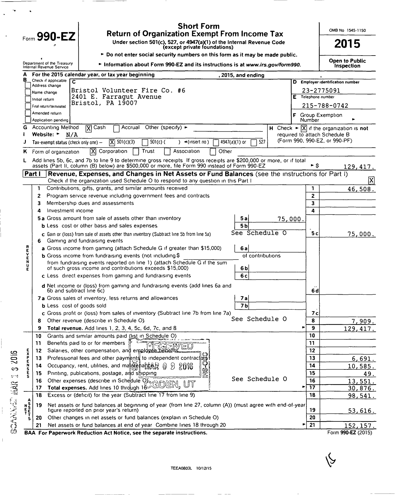 Image of first page of 2015 Form 990EZ for Bristol Volunteer Fire Co No 6