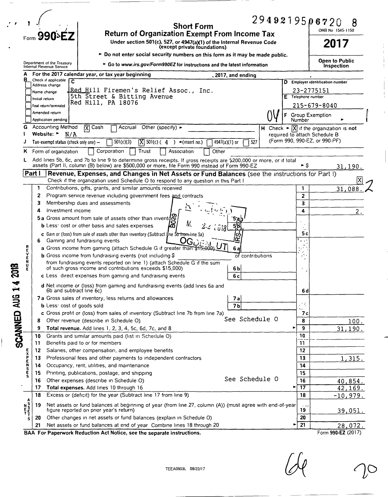 Image of first page of 2017 Form 990EO for Red Hill Firemens Relief Assoc