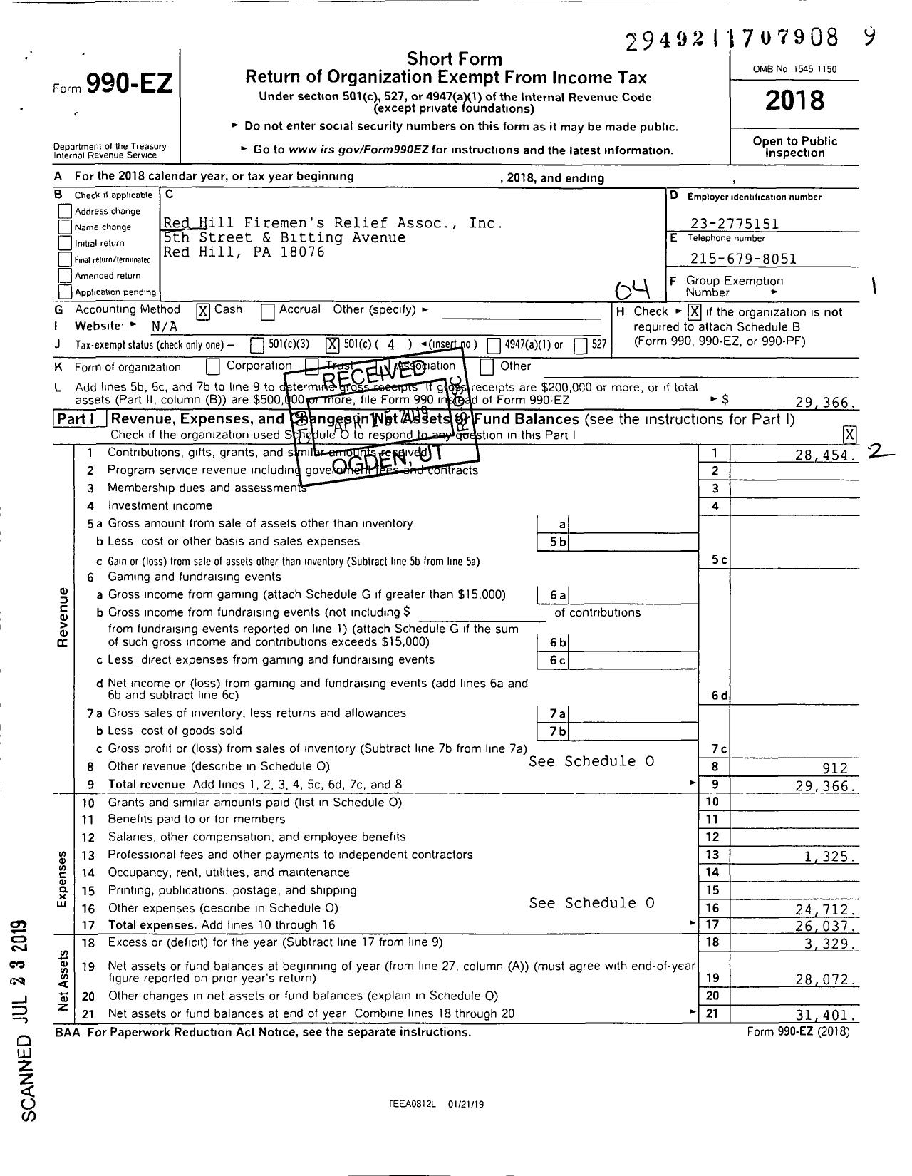 Image of first page of 2018 Form 990EO for Red Hill Firemens Relief Assoc