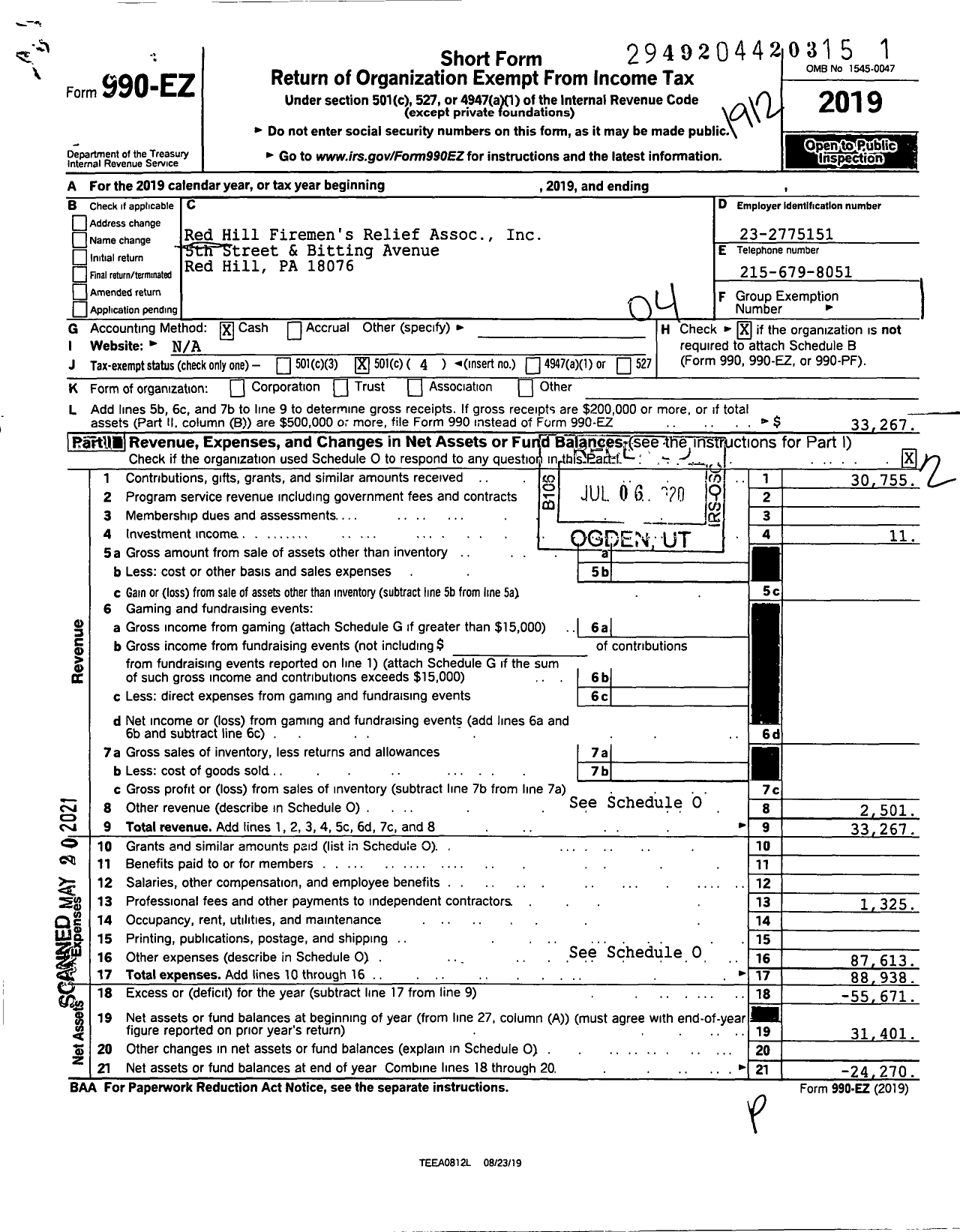 Image of first page of 2019 Form 990EO for Red Hill Firemens Relief Assoc