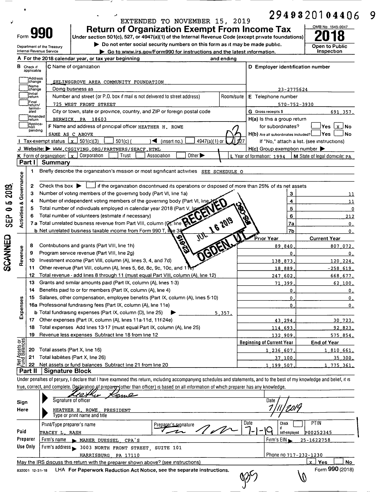 Image of first page of 2018 Form 990 for Selinsgrove Area Community Foundation