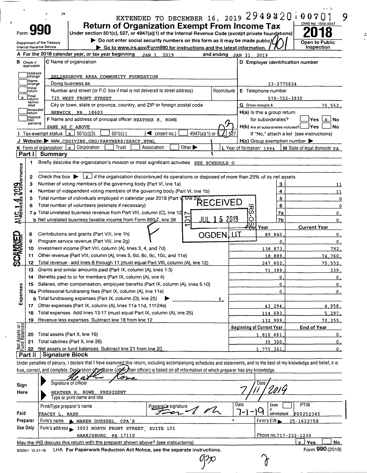 Image of first page of 2018 Form 990 for Selinsgrove Area Community Foundation