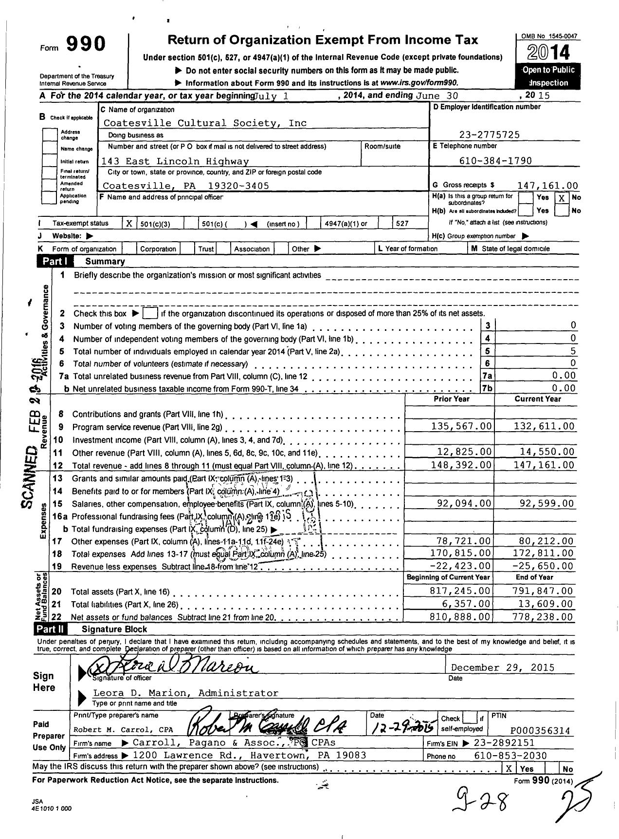 Image of first page of 2014 Form 990 for Coatesville Cultural Society