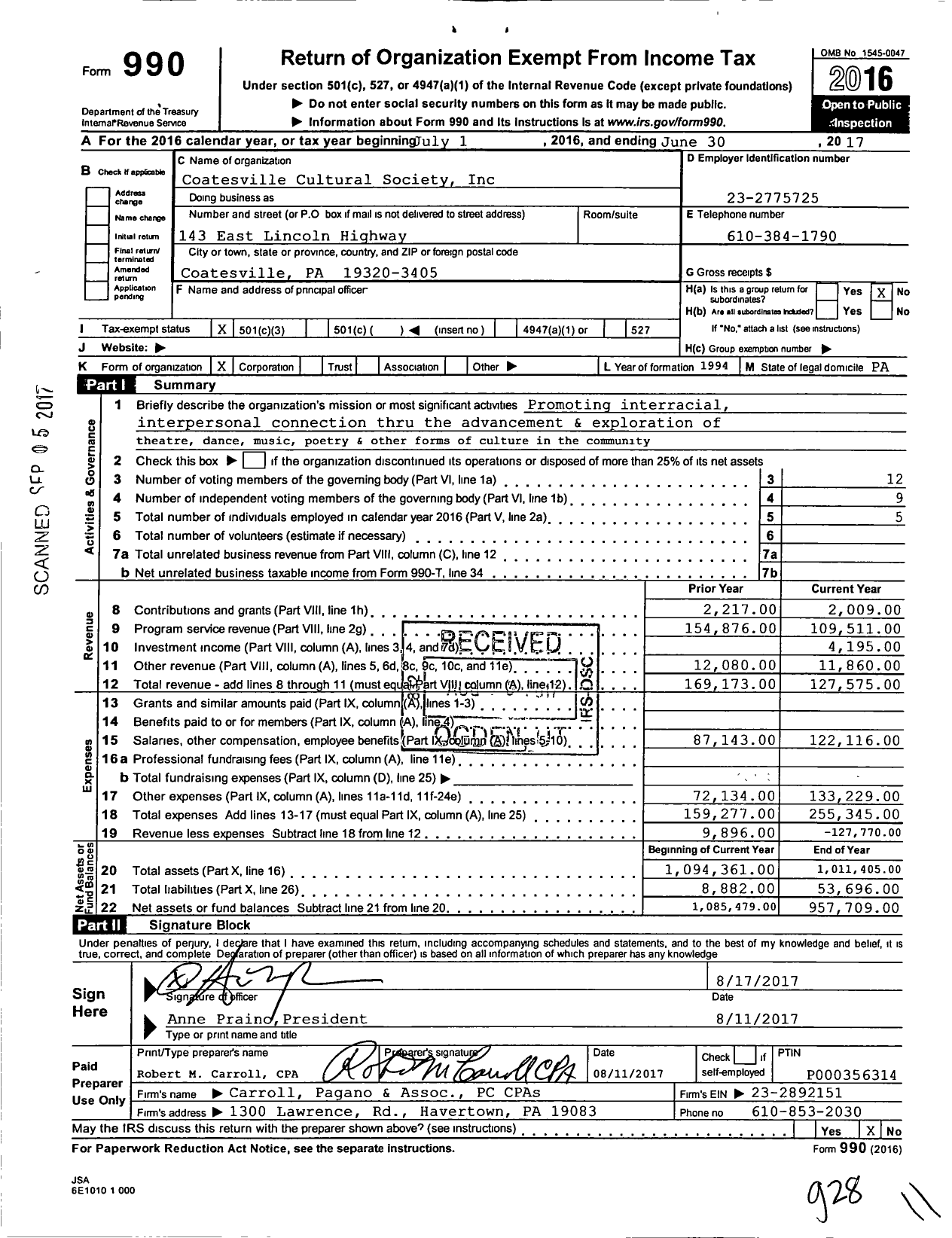 Image of first page of 2016 Form 990 for Coatesville Cultural Society