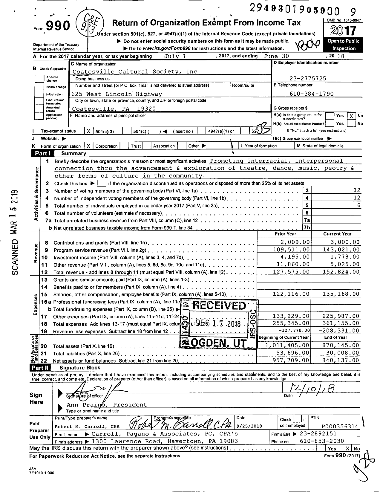 Image of first page of 2017 Form 990 for Coatesville Cultural Society