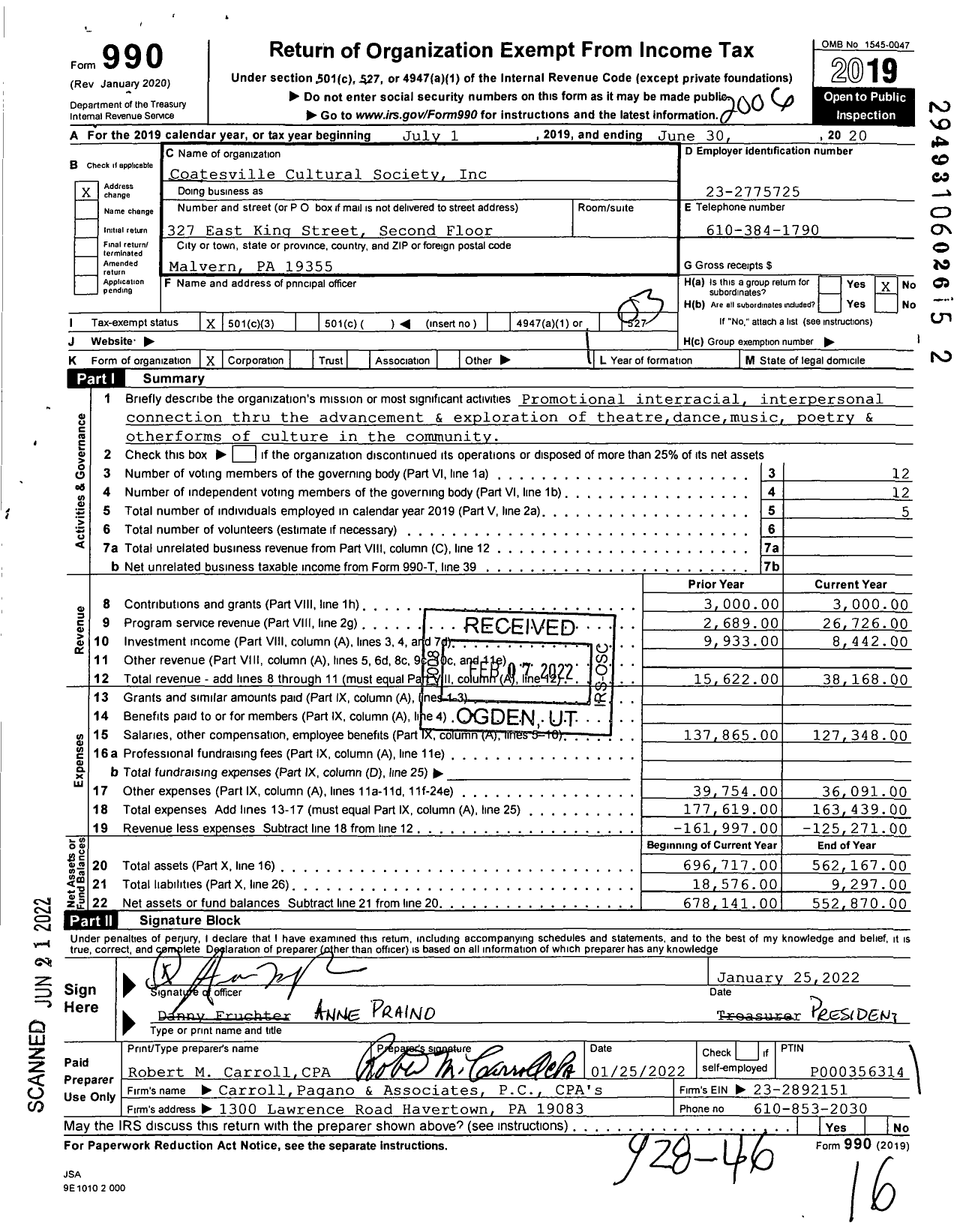 Image of first page of 2019 Form 990 for Coatesville Cultural Society