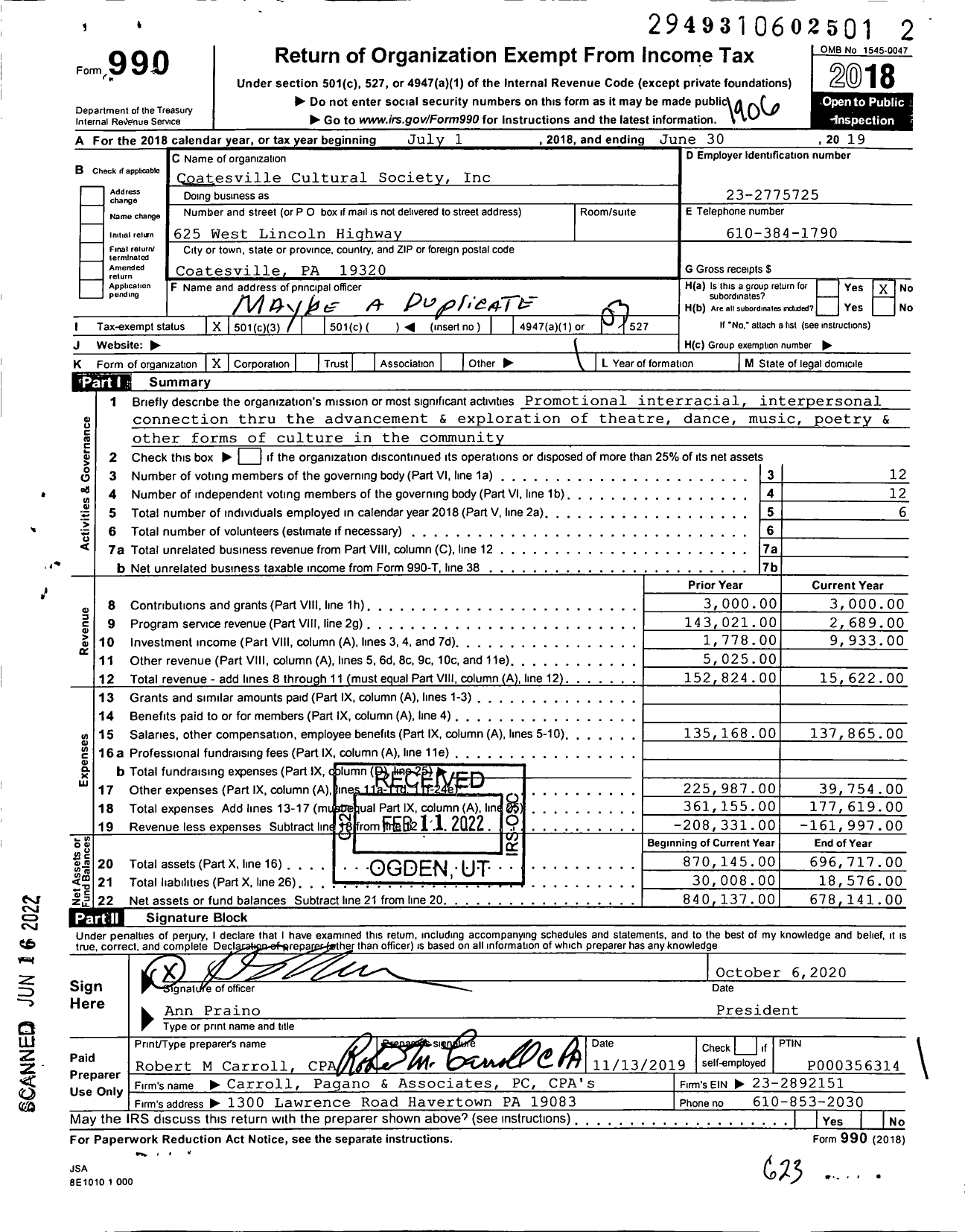 Image of first page of 2018 Form 990 for Coatesville Cultural Society