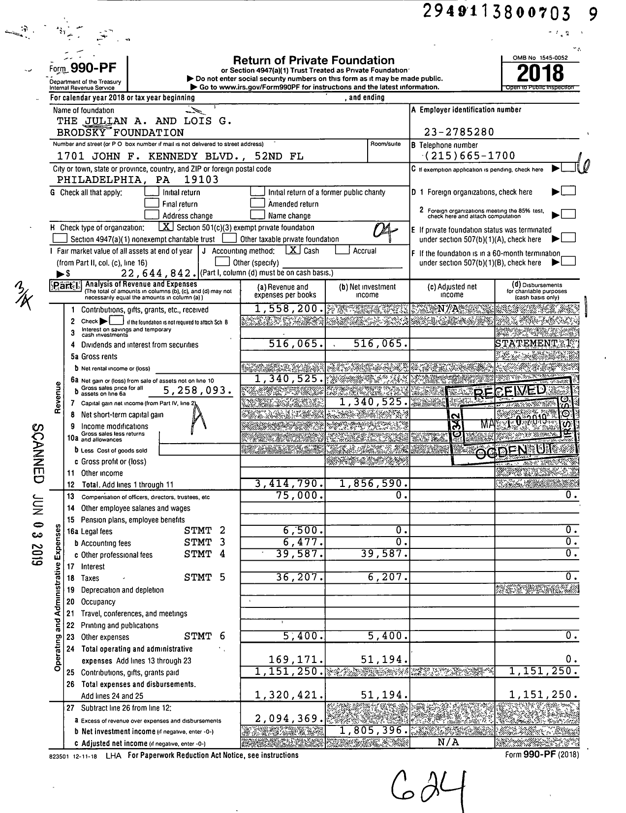 Image of first page of 2018 Form 990PF for The Julian A and Lois G Brodsky Foundation