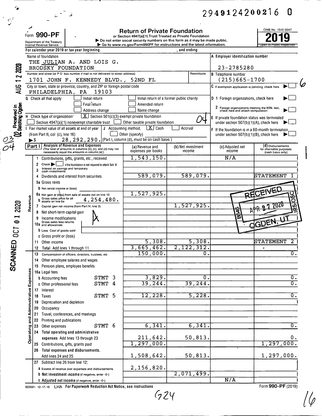 Image of first page of 2019 Form 990PR for The Julian A and Lois G Brodsky Foundation
