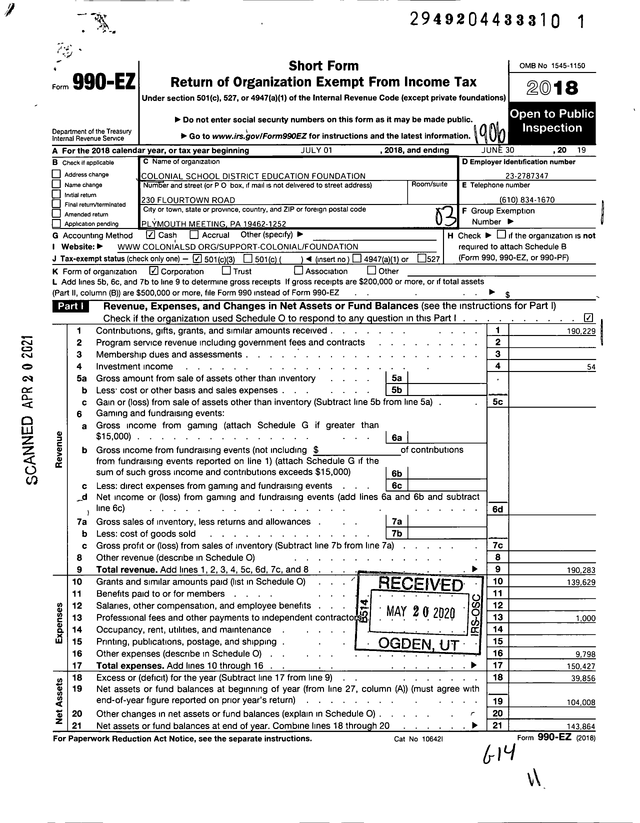 Image of first page of 2018 Form 990EZ for Colonial School District Education Foundation