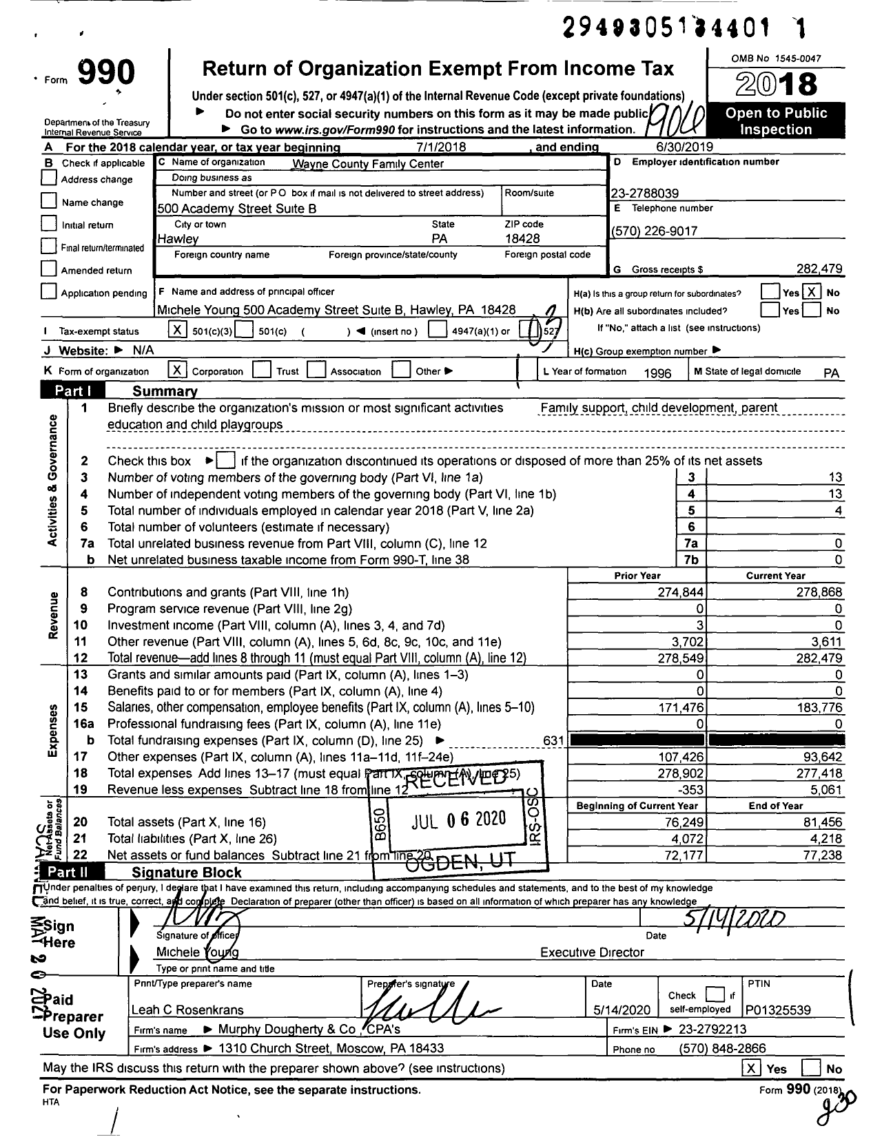 Image of first page of 2018 Form 990 for Wayne County Family Center