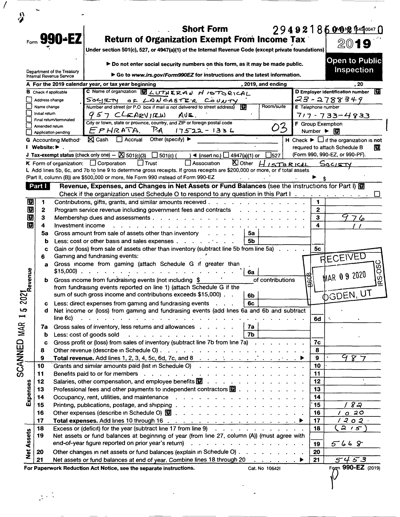 Image of first page of 2019 Form 990EZ for Lutheran Historical Society of Lancaster