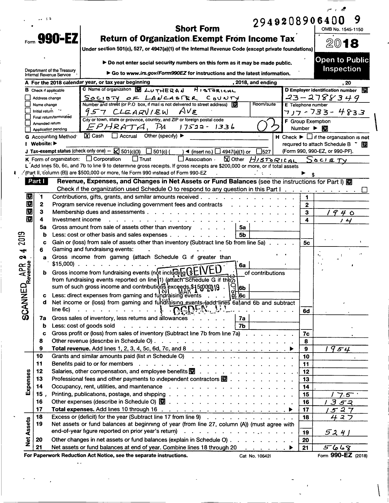 Image of first page of 2018 Form 990EZ for Lutheran Historical Society of Lancaster