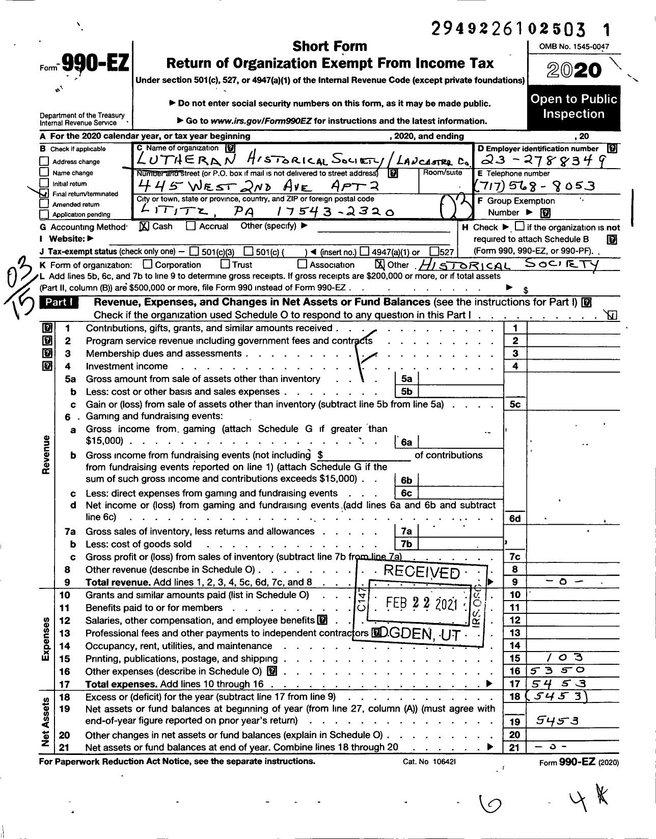 Image of first page of 2020 Form 990EZ for Lutheran Historical Society of Lancaster