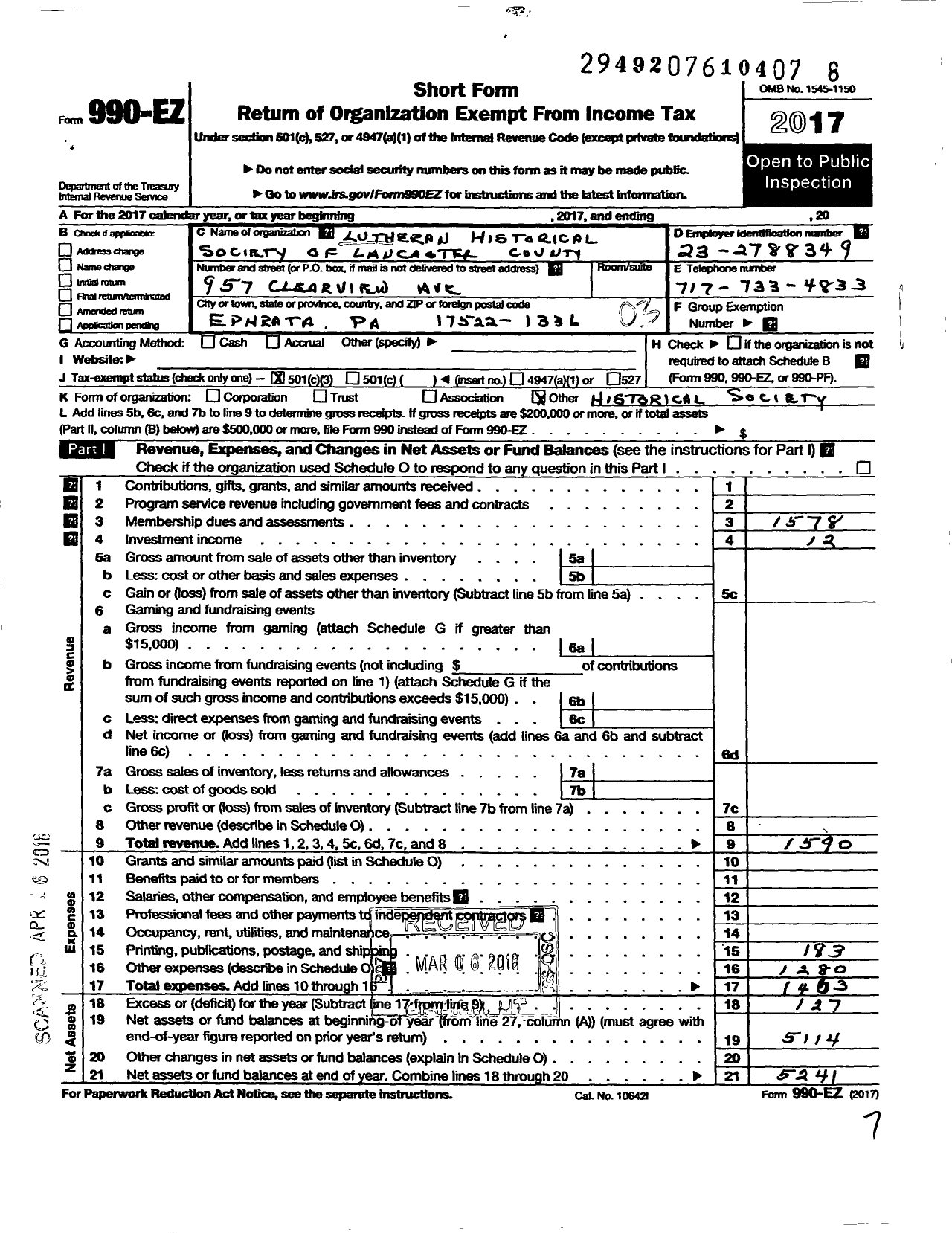 Image of first page of 2017 Form 990EZ for Lutheran Historical Society of Lancaster