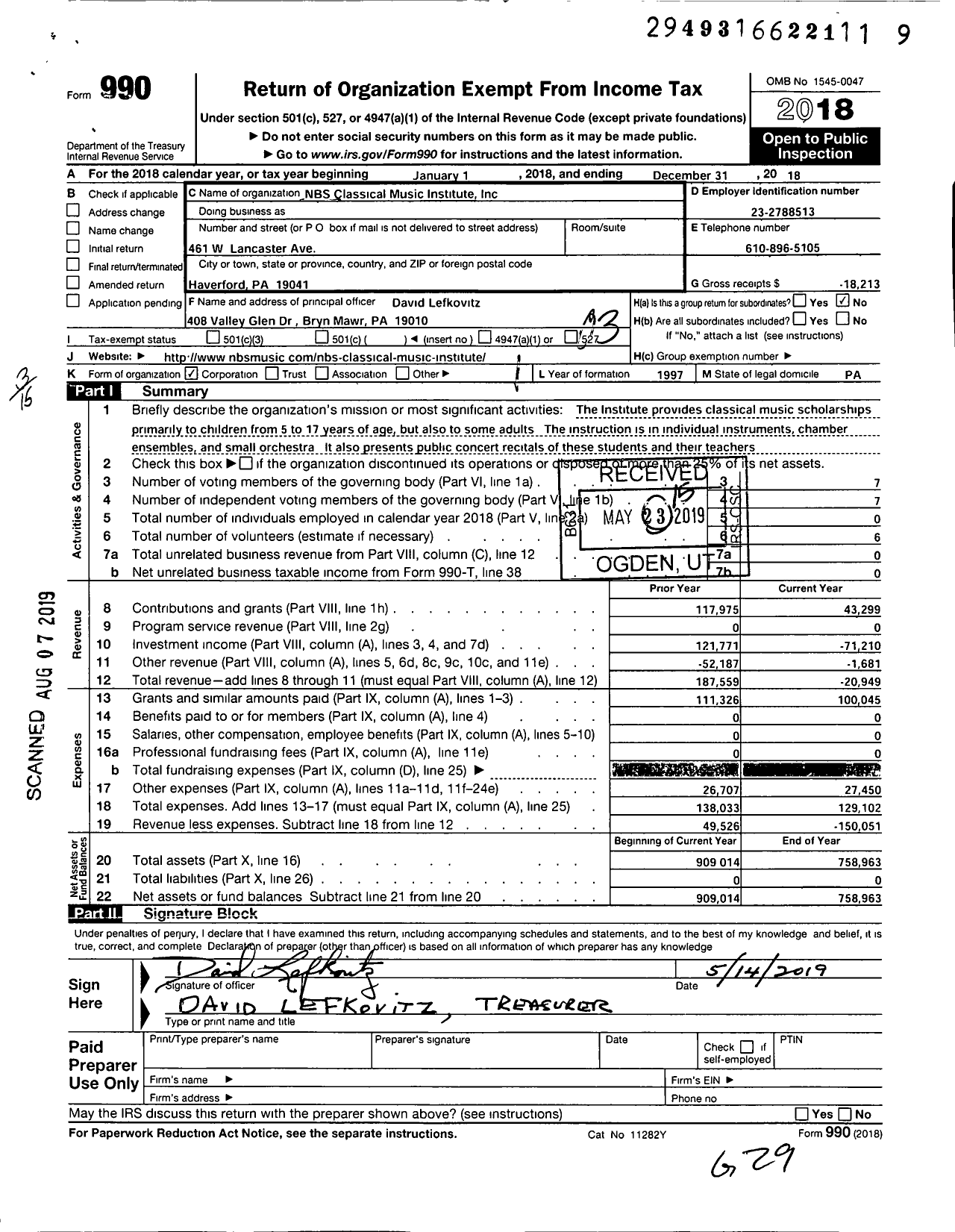 Image of first page of 2018 Form 990 for NBS Classical Music Institute