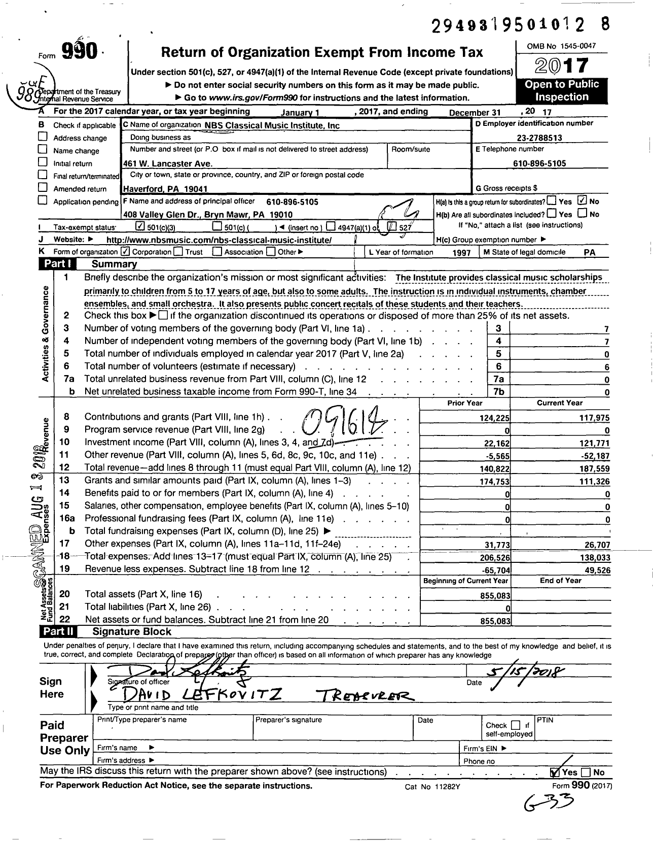 Image of first page of 2017 Form 990 for NBS Classical Music Institute