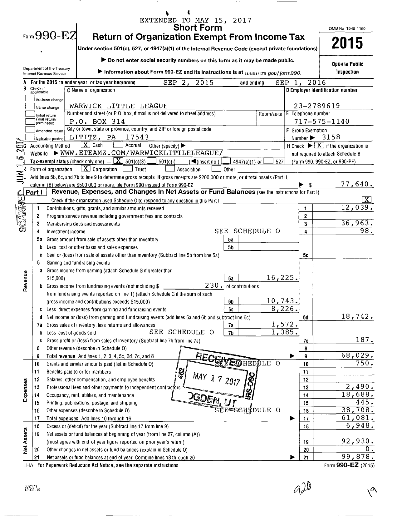 Image of first page of 2015 Form 990EZ for Warwick Little League / 2382335 Warwick LL