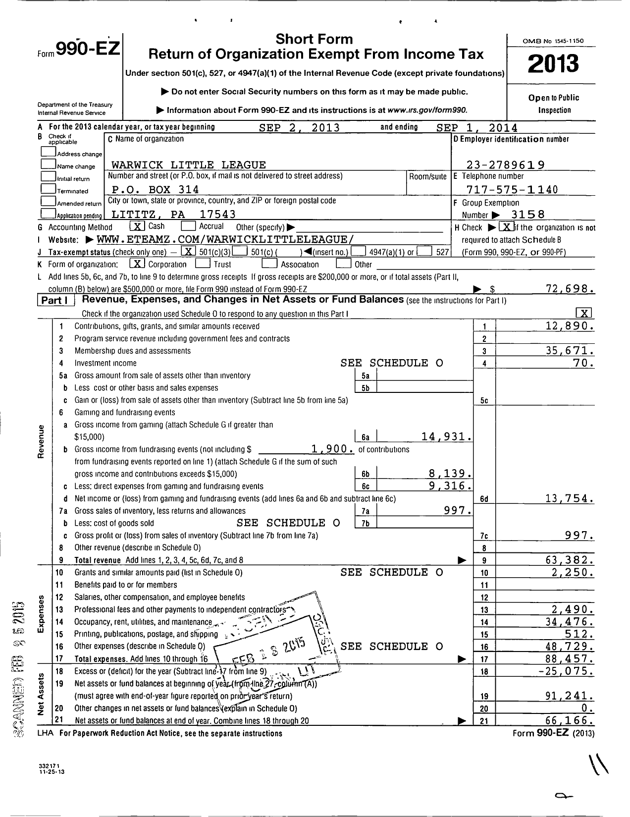 Image of first page of 2013 Form 990EZ for Warwick Little League / 2382335 Warwick LL