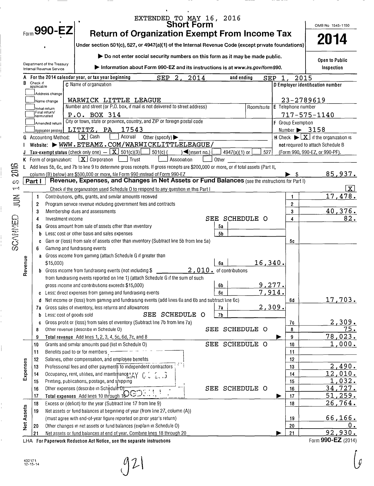 Image of first page of 2014 Form 990EZ for Warwick Little League / 2382335 Warwick LL