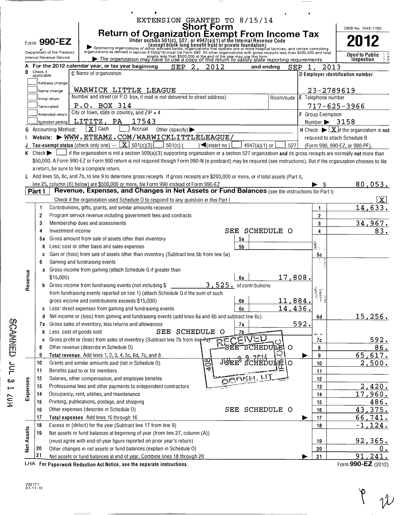 Image of first page of 2012 Form 990EZ for Warwick Little League / 2382335 Warwick LL