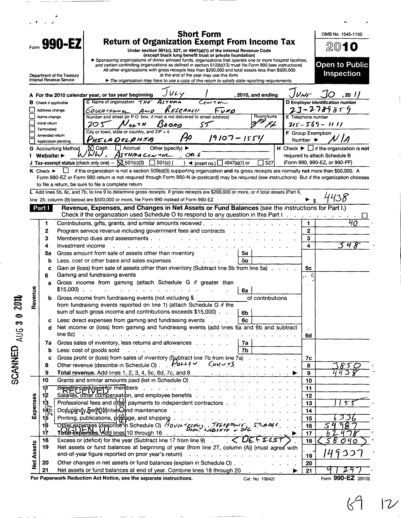 Image of first page of 2010 Form 990EZ for Asthma Center Educational and Research Fund