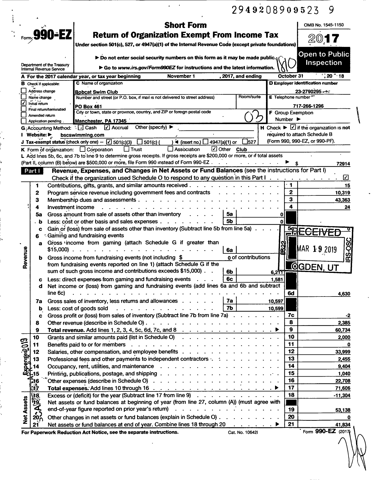 Image of first page of 2017 Form 990EZ for Bobcat Swim Club