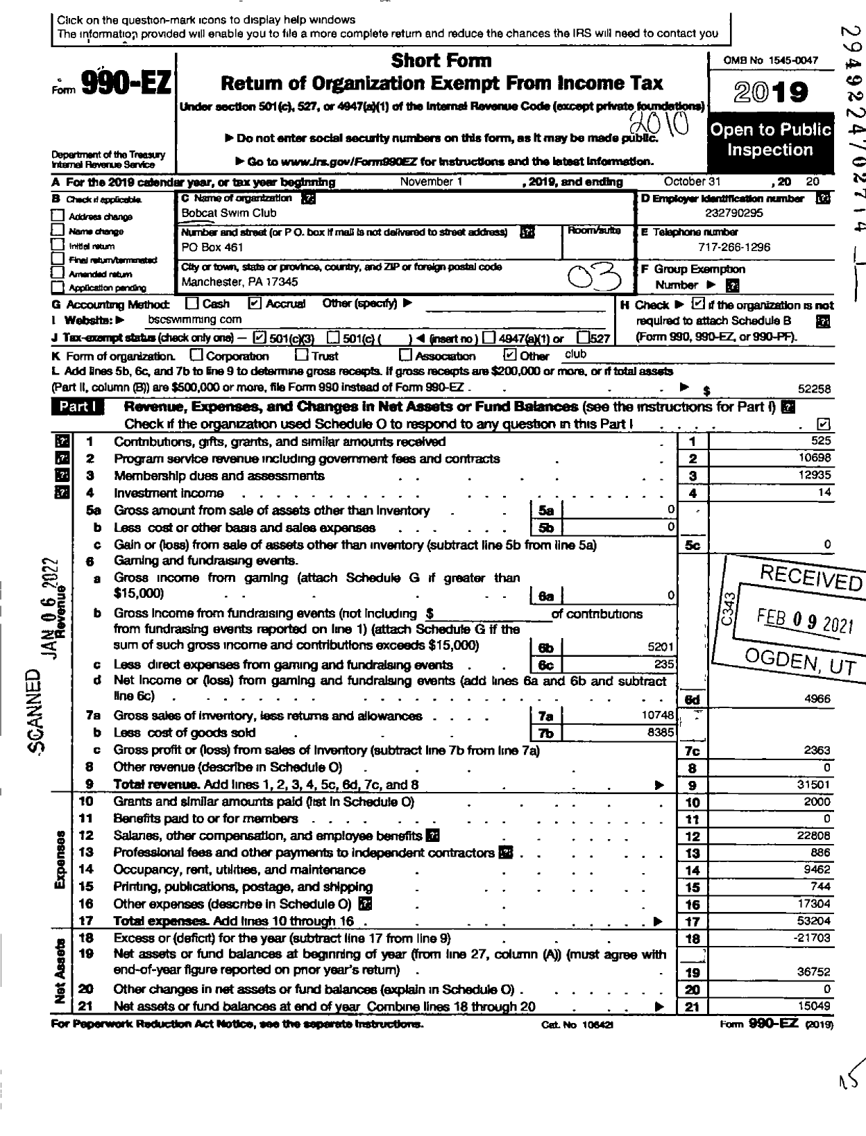 Image of first page of 2019 Form 990EZ for Bobcat Swim Club