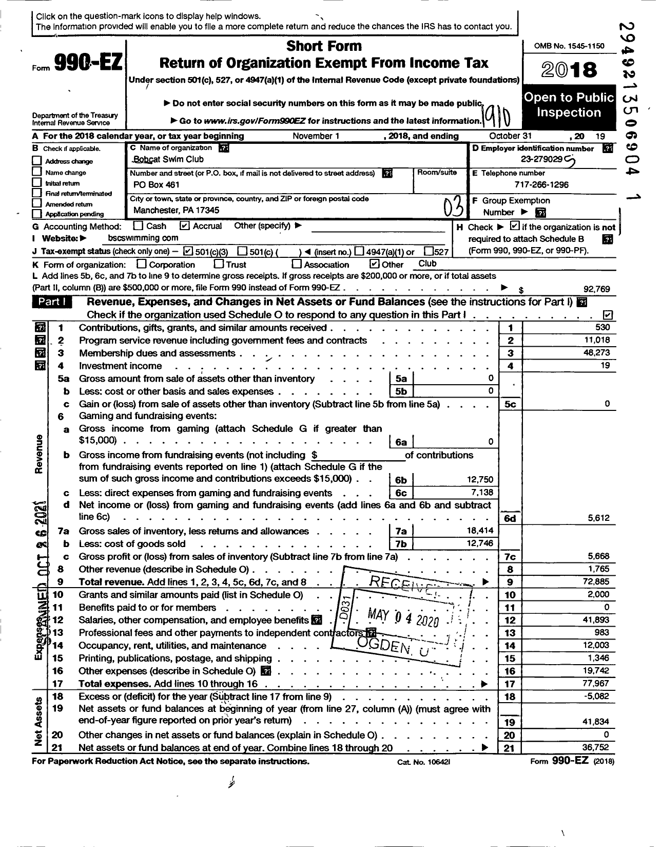 Image of first page of 2018 Form 990EZ for Bobcat Swim Club