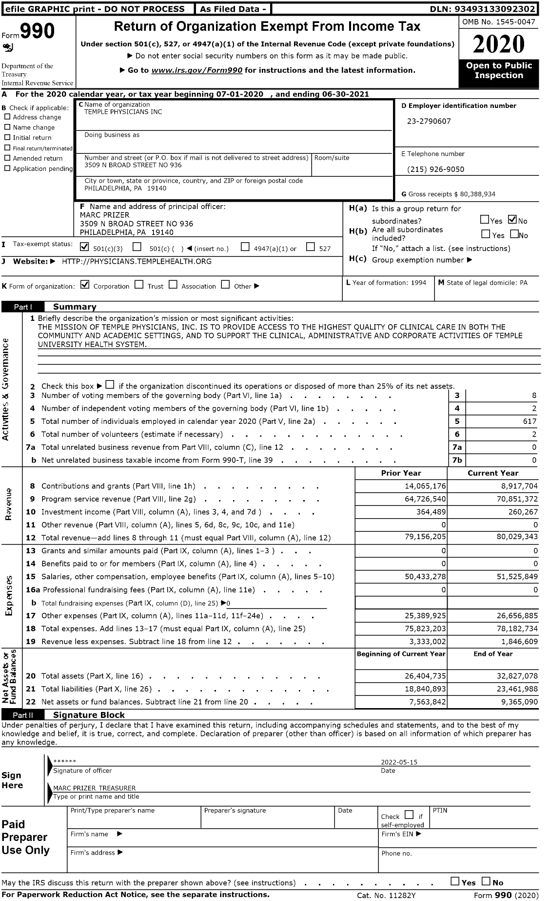 Image of first page of 2020 Form 990 for Temple Physicians