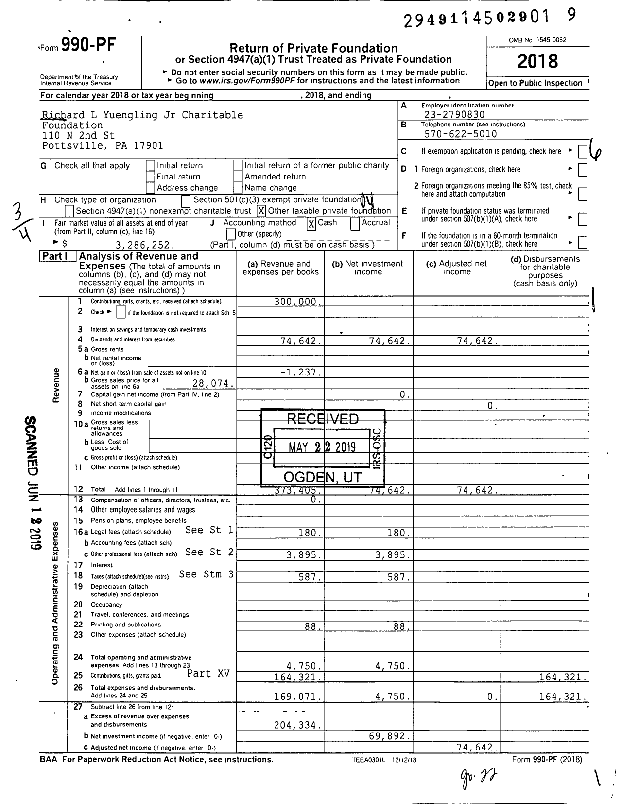 Image of first page of 2018 Form 990PF for Richard L Yuengling Jr Charitable Foundation