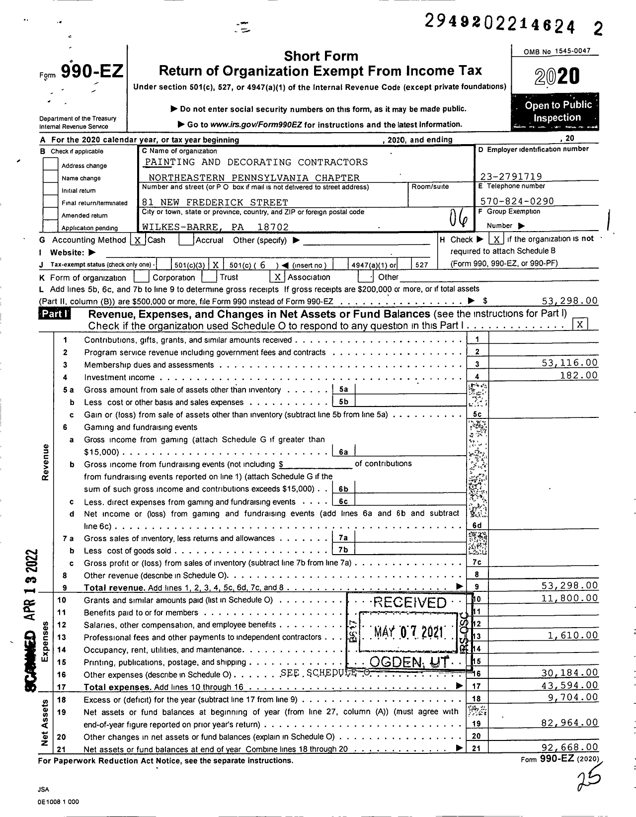 Image of first page of 2020 Form 990EO for Painting and Decorating Contractors Northeastern Pennsylvania Chapter