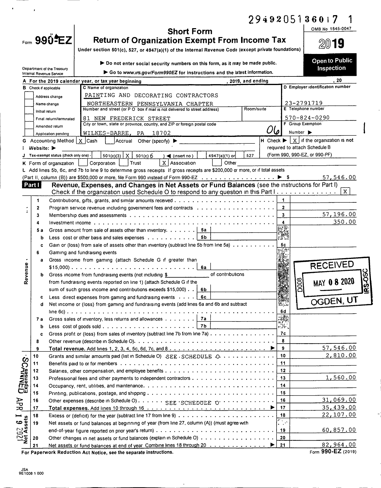 Image of first page of 2019 Form 990EO for Painting and Decorating Contractors Northeastern Pennsylvania Chapter