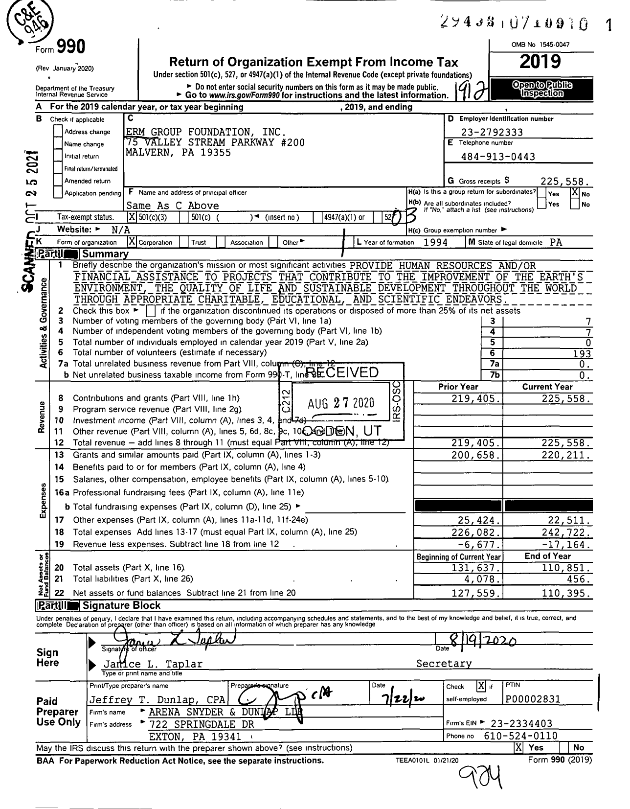 Image of first page of 2019 Form 990 for Erm Group Foundation