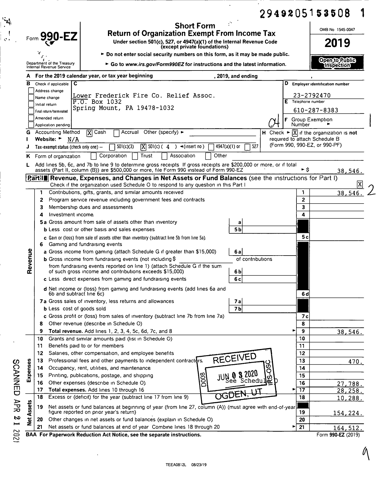 Image of first page of 2019 Form 990EO for Lower Frederick Fire Co Relief Assoc