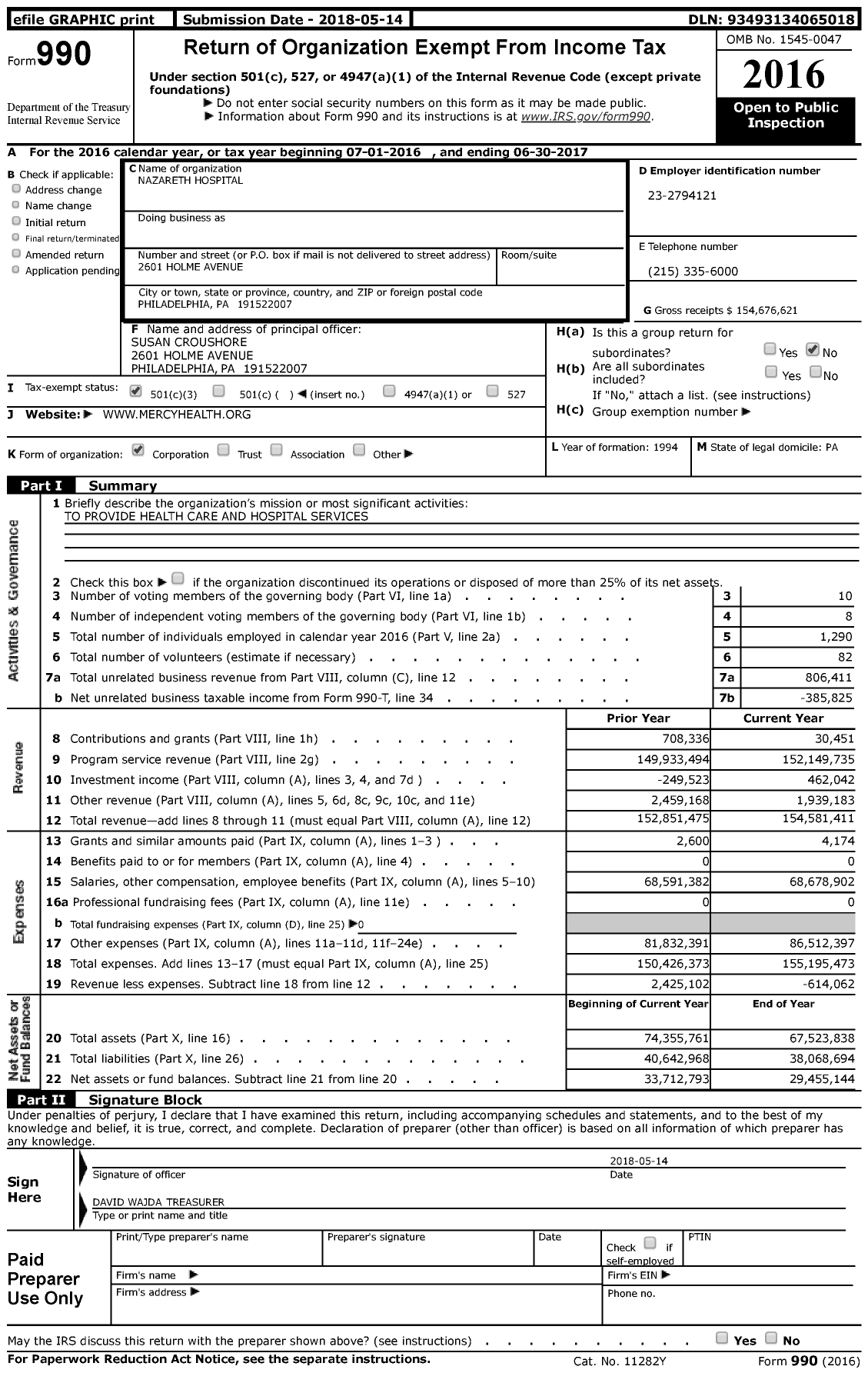 Image of first page of 2016 Form 990 for Nazareth Hospital