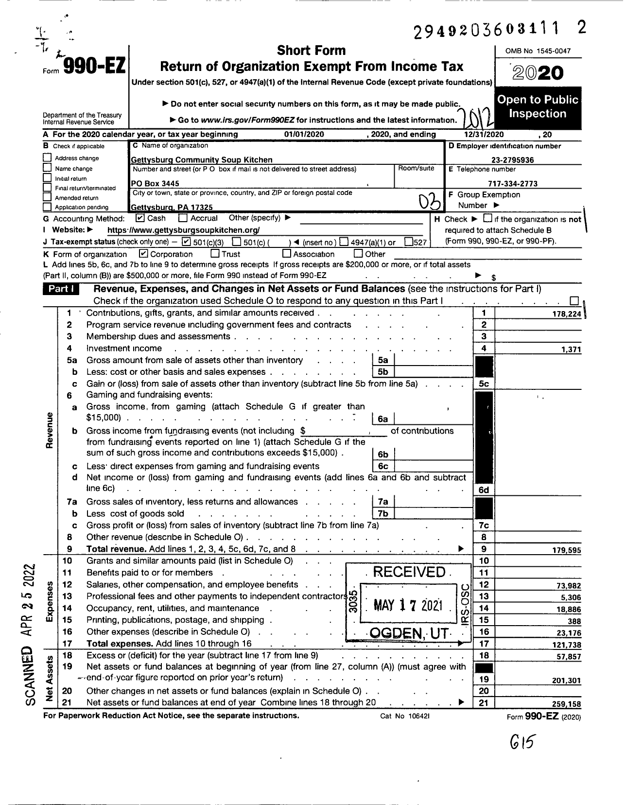 Image of first page of 2020 Form 990EZ for Gettysburg Community Soup Kitchen