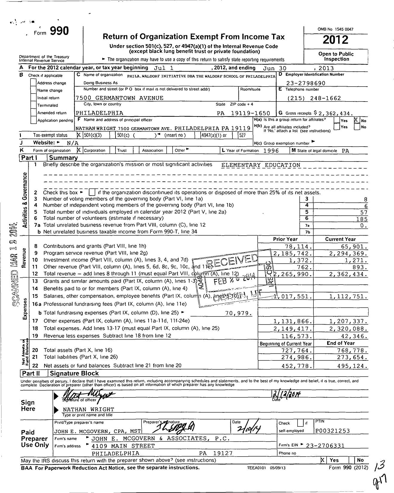 Image of first page of 2012 Form 990 for Waldorf School of Philadelphia