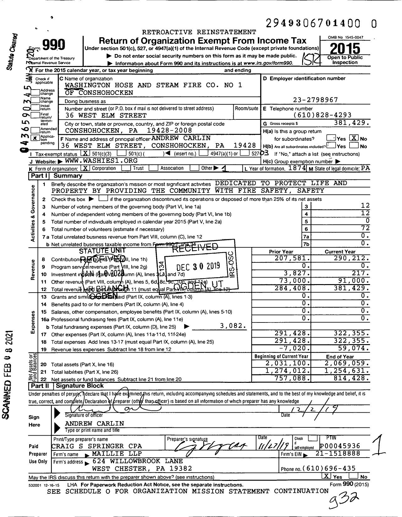 Image of first page of 2015 Form 990 for Washington Hose and Steam Fire Engine Company No 1 of Conshohocken
