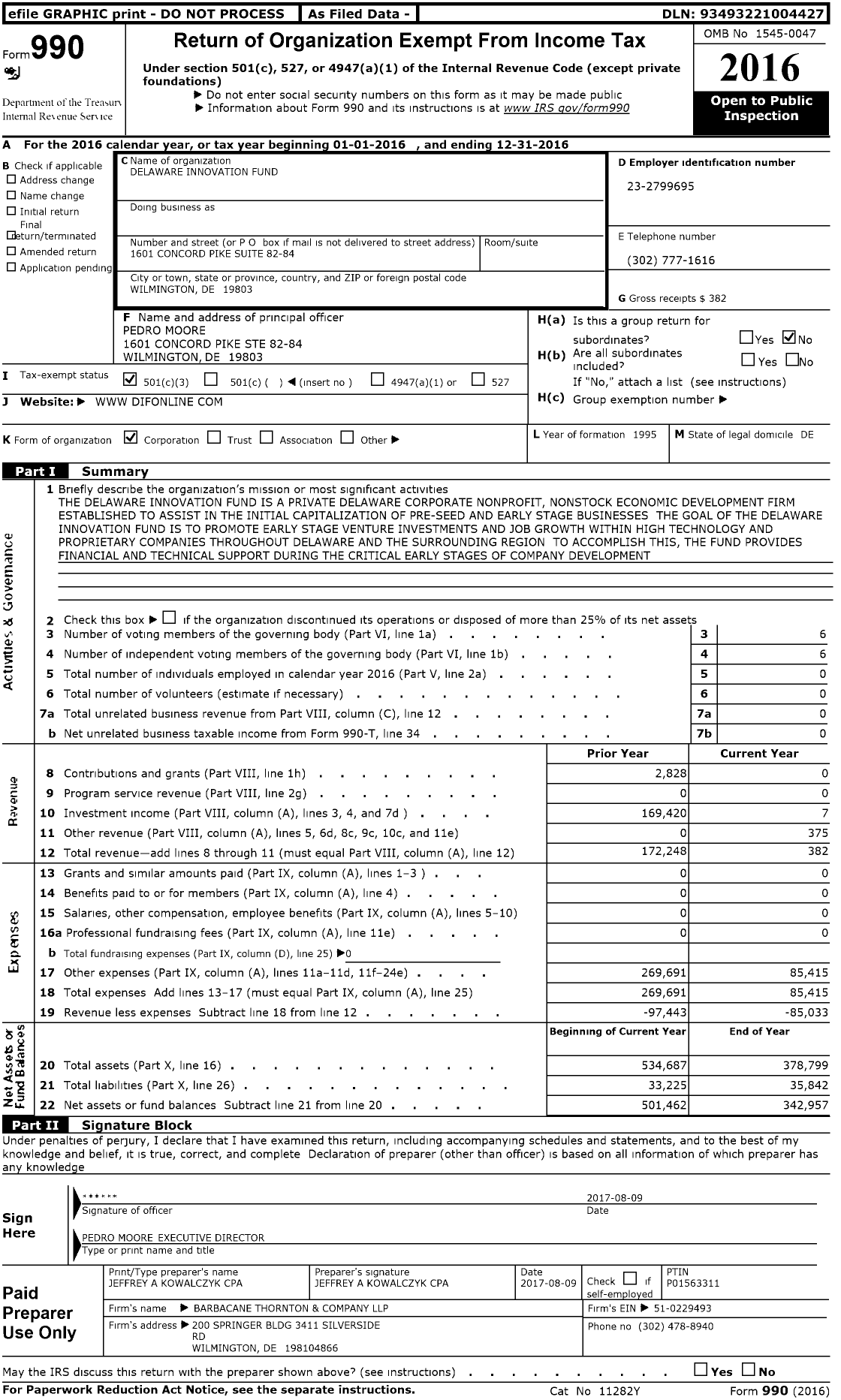 Image of first page of 2016 Form 990 for Delaware Innovation Fund