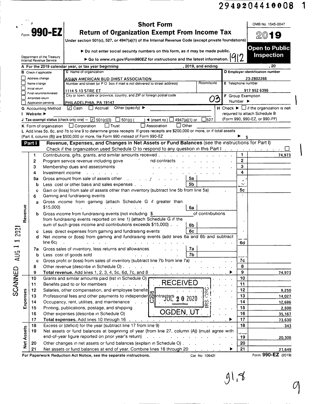 Image of first page of 2019 Form 990EZ for Asian American Buddhist Association