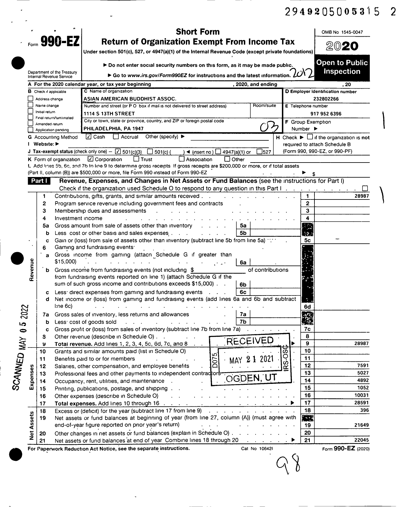 Image of first page of 2020 Form 990EZ for Asian American Buddhist Association